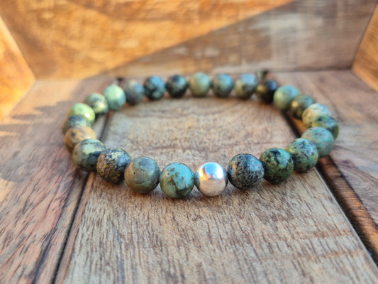 Nahle® 8mm Naturstein-Armband Afrikanischer Türkis mit 925 Silberperle