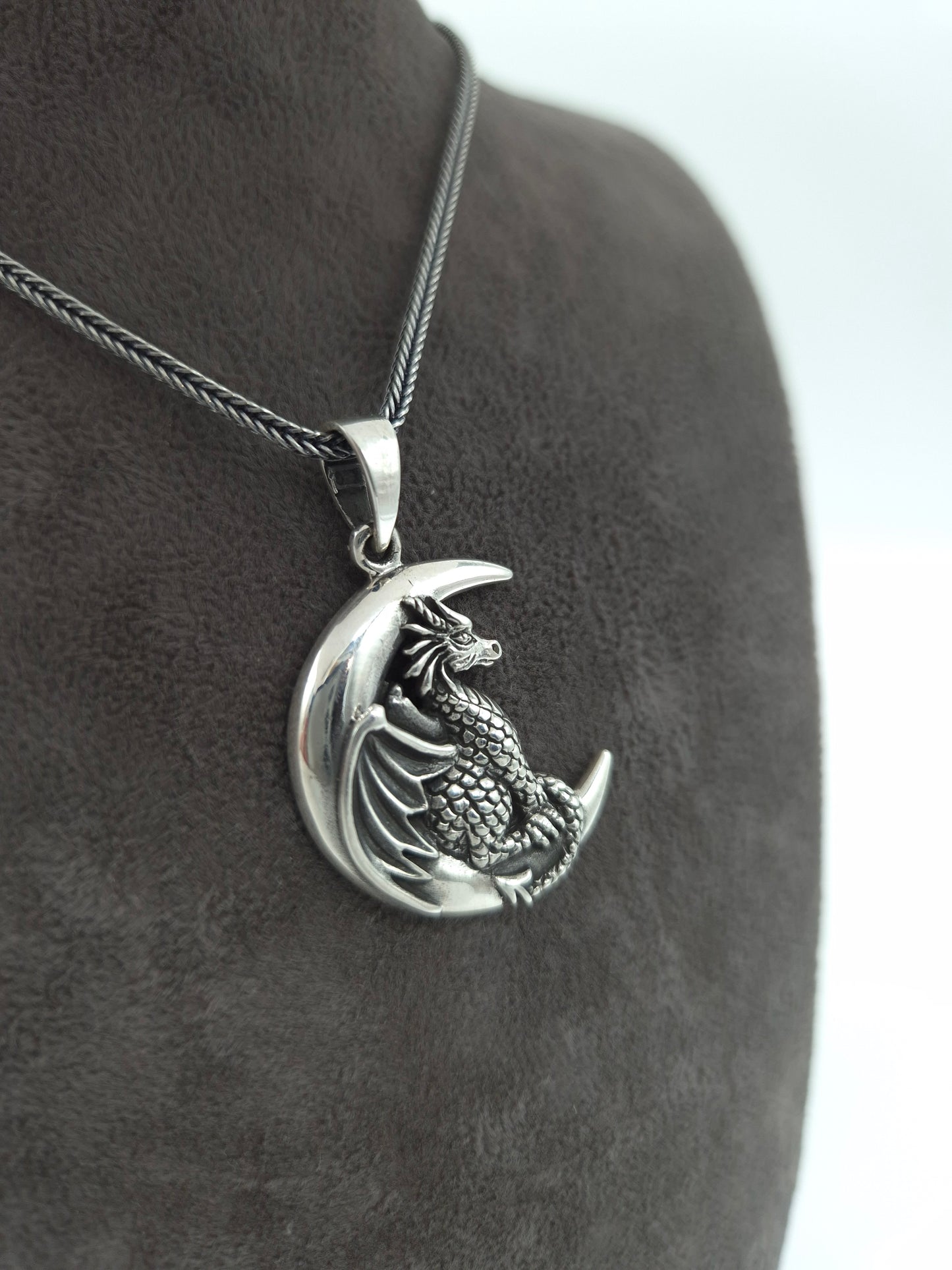 Silber Fuchsschwanzkette 925 Drache auf Mond