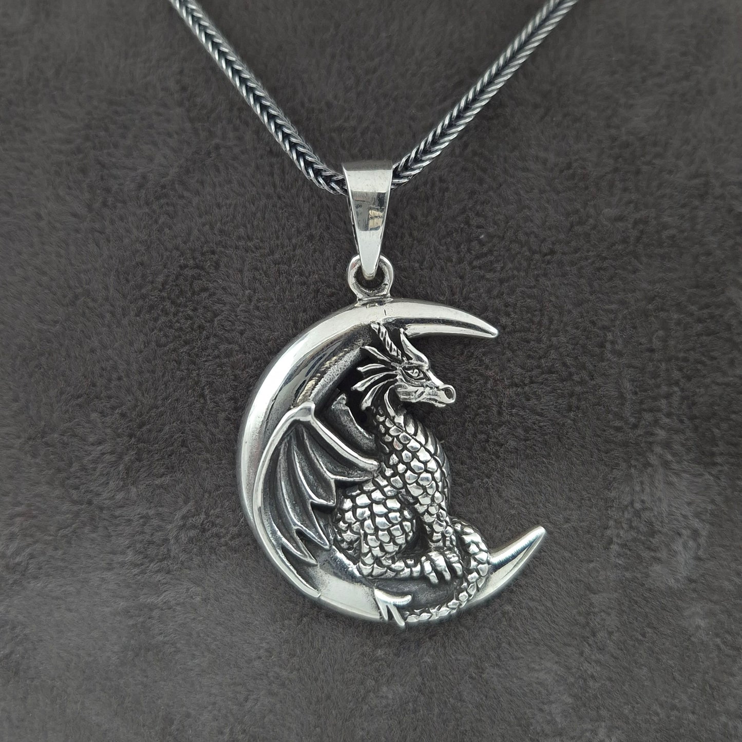 Silber Fuchsschwanzkette 925 Drache auf Mond