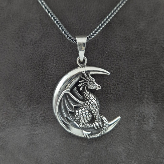 Silber Fuchsschwanzkette 925 Drache auf Mond