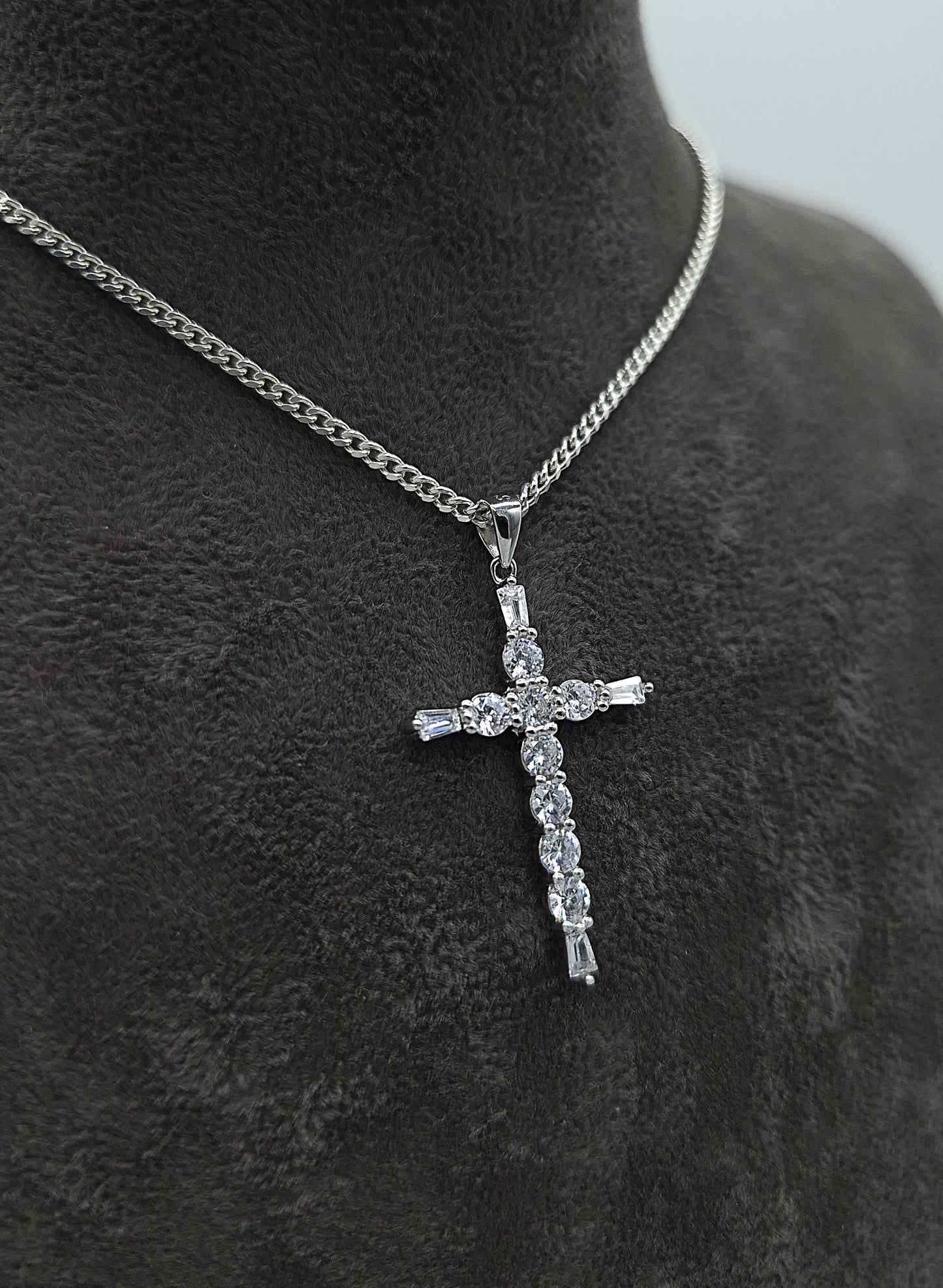 Silber Panzerkette 925 Kreuz-Kristall Anhänger