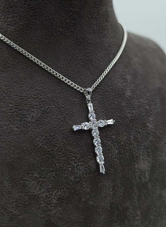 Silber Panzerkette 925 Kreuz-Kristall Anhänger