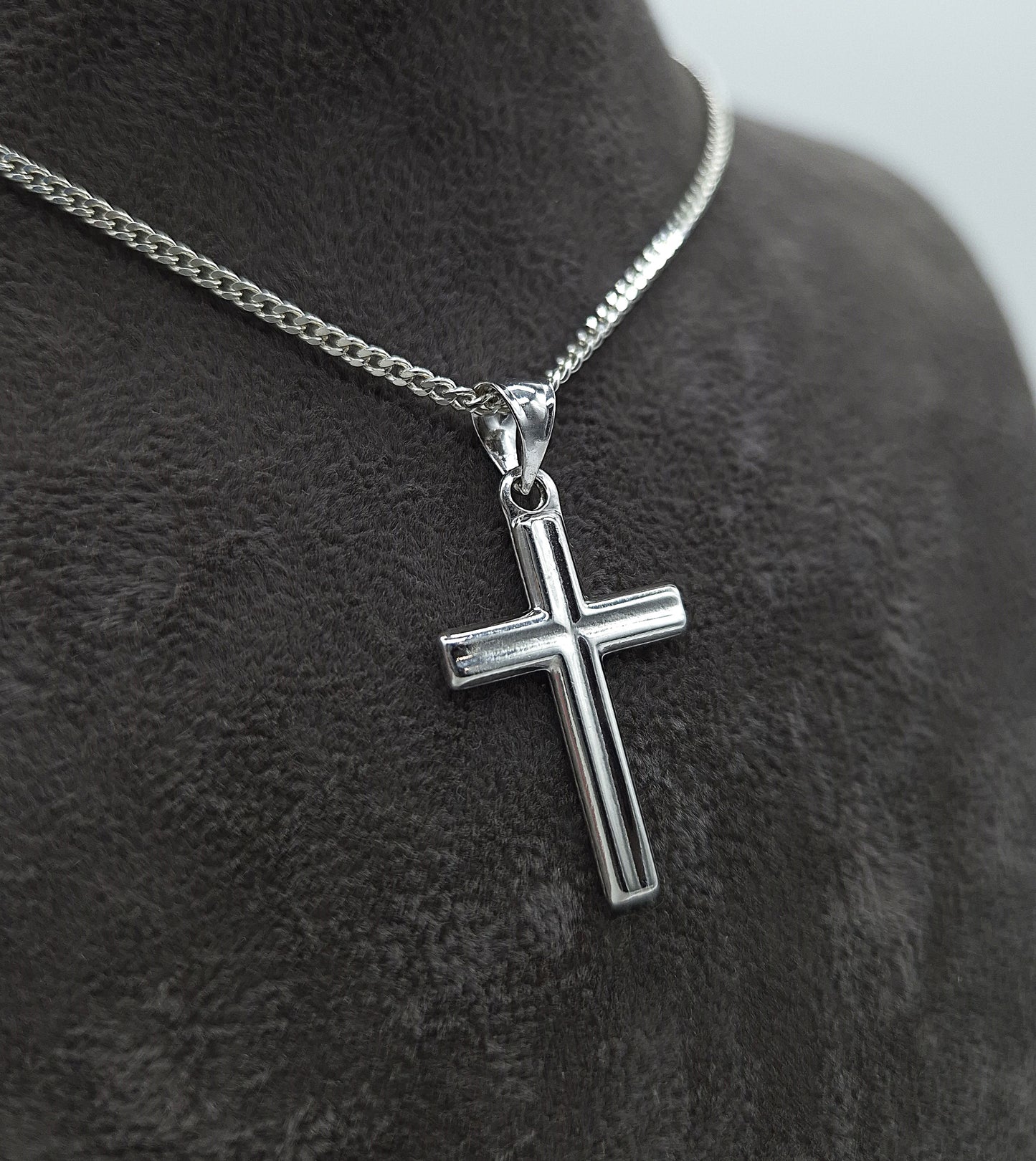 Silber Panzerkette 925 gerilltes Kreuz Anhänger