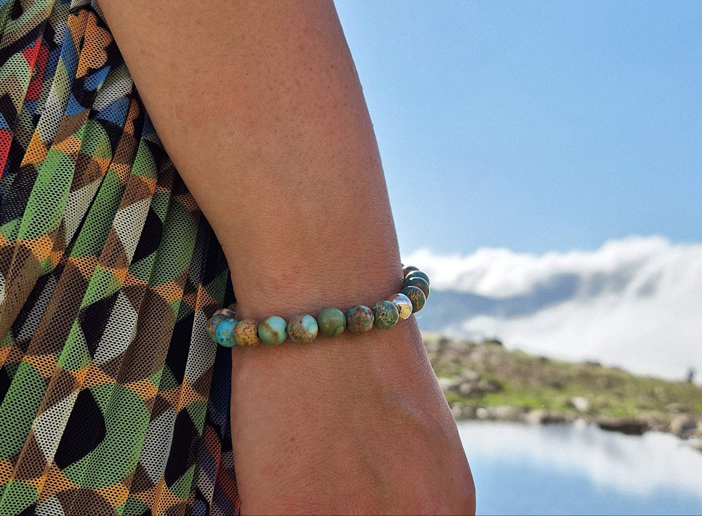 Nahle® 8mm Naturstein-Armband Beiger Variscit mit 925 Silberperle