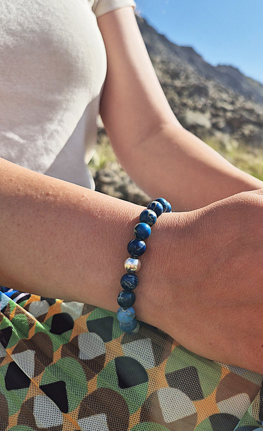 Nahle® 8mm Naturstein-Armband Blauer Variscit mit 925 Silberperle