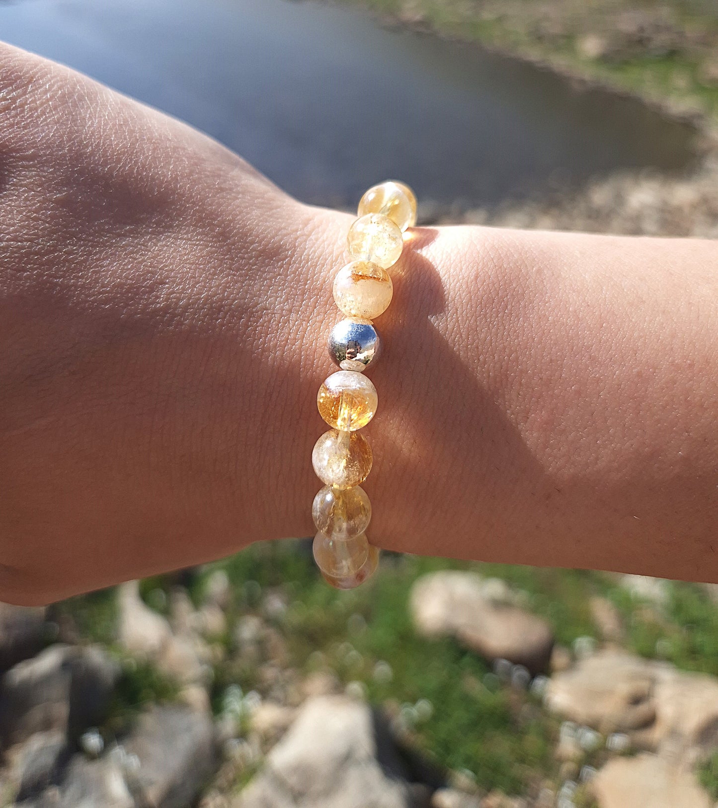 Nahle® 8mm Naturstein-Armband Citrin mit 925 Silberperle