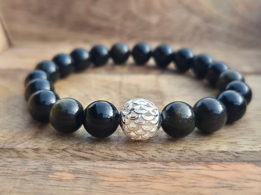 Nahle® 10mm Naturstein-Armband Goldobsidian Naturstein mit 925 Silberperle