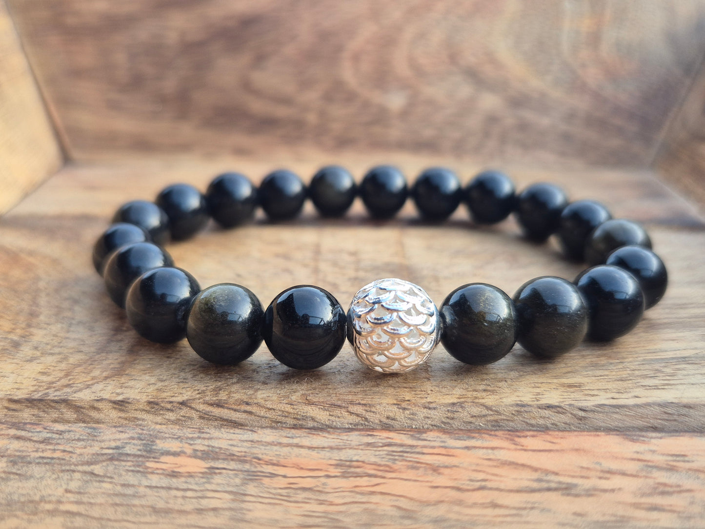 Nahle® 10mm Naturstein-Armband Goldobsidian Naturstein mit 925 Silberperle