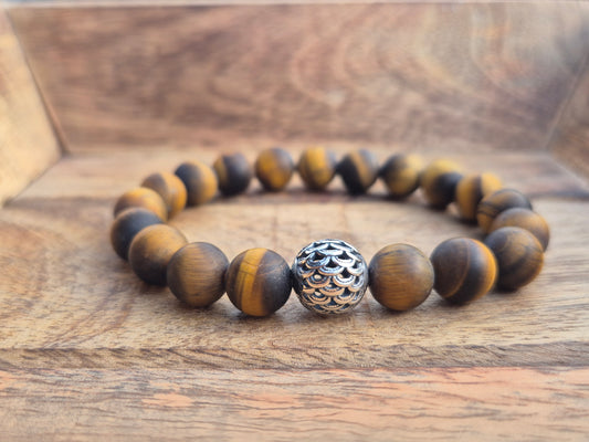 Nahle® 10mm Naturstein-Armband Tigerauge matt Naturstein mit 925 Silberperle