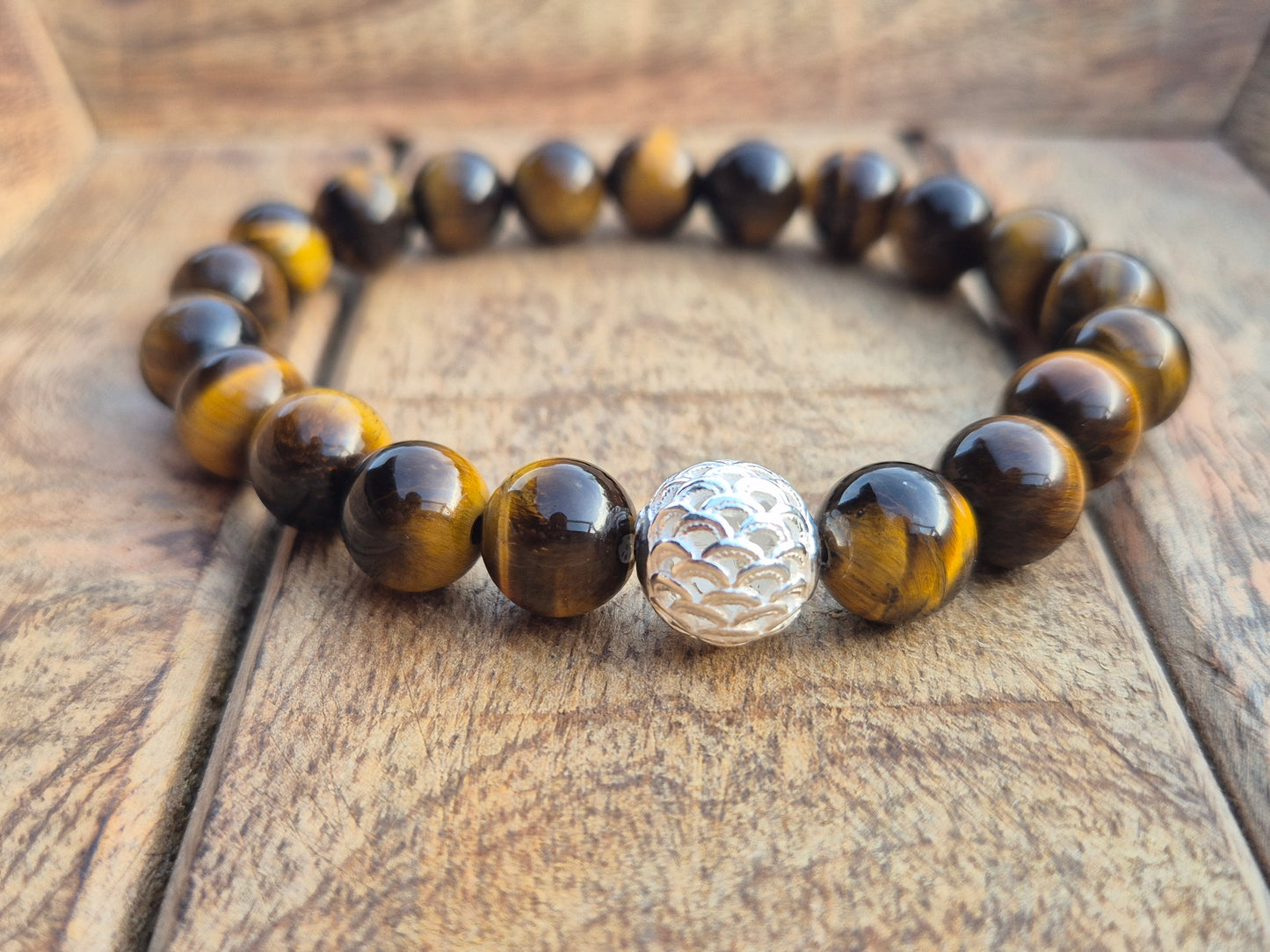 Nahle® 10mm Naturstein-Armband Tigerauge Naturstein mit 925 Silberperle