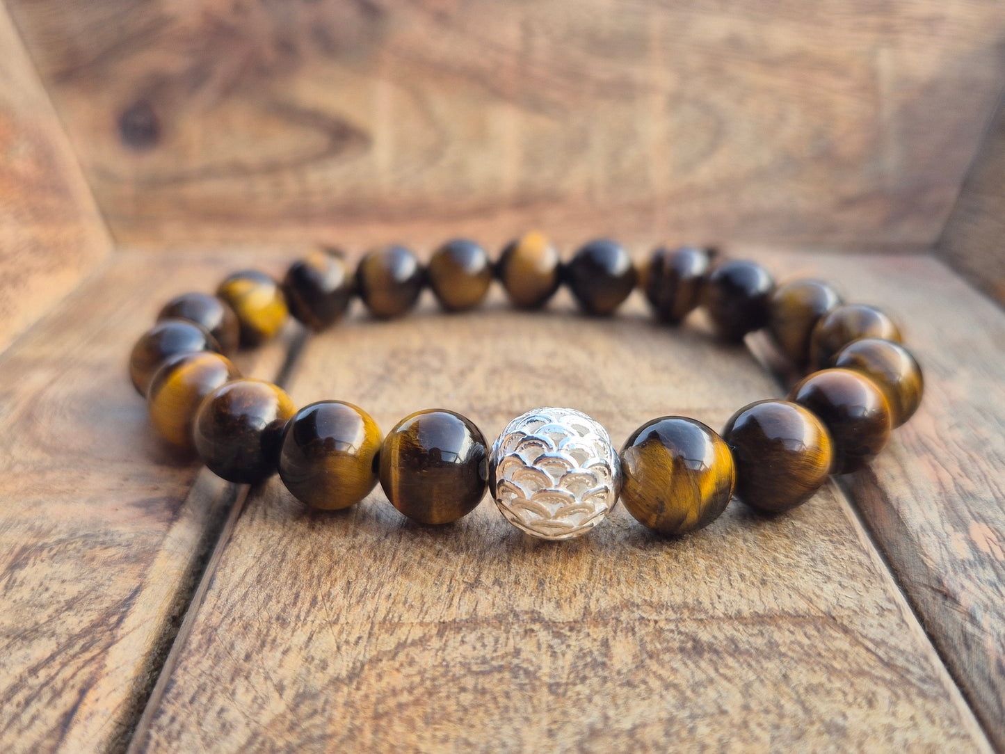 Nahle® 10mm Naturstein-Armband Tigerauge Naturstein mit 925 Silberperle