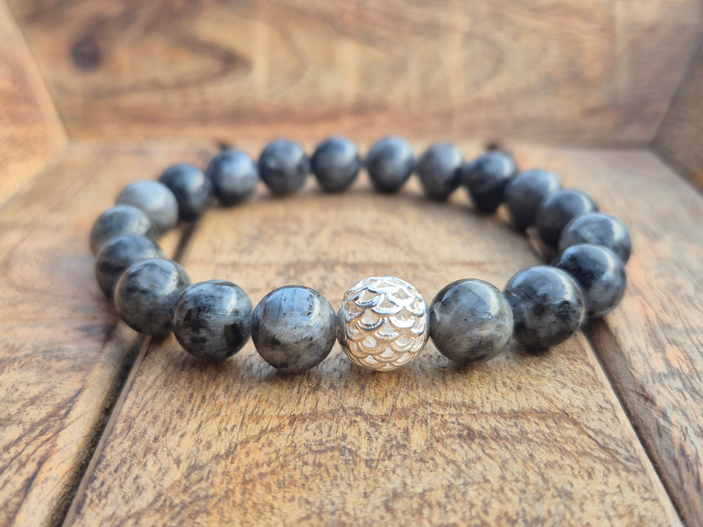 Nahle® 10mm Naturstein-Armband Larvikit Naturstein mit 925 Silberperle