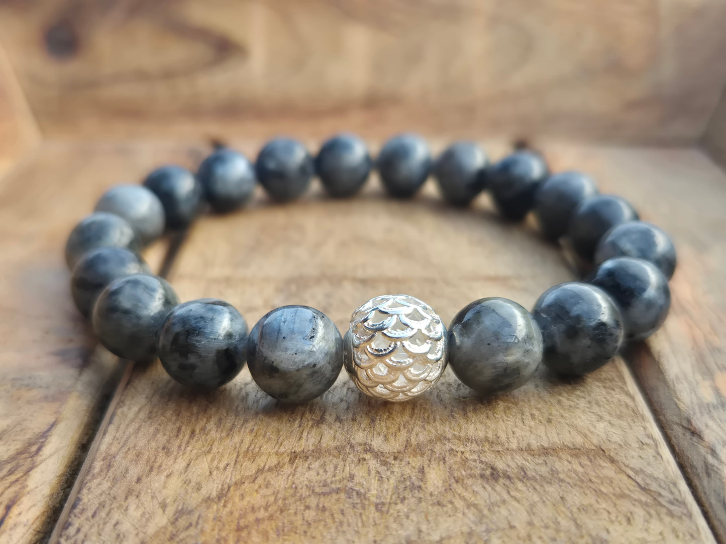 Nahle® 10mm Naturstein-Armband Larvikit Naturstein mit 925 Silberperle