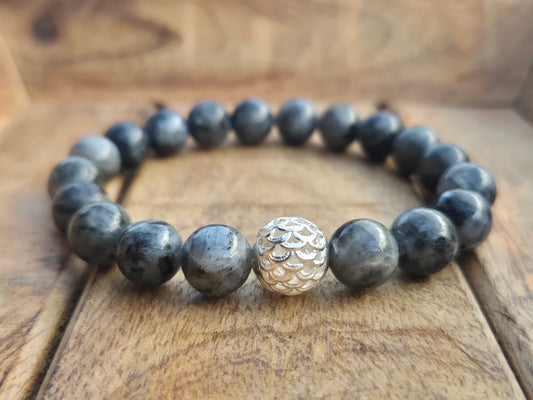 Nahle® 10mm Naturstein-Armband Larvikit Naturstein mit 925 Silberperle