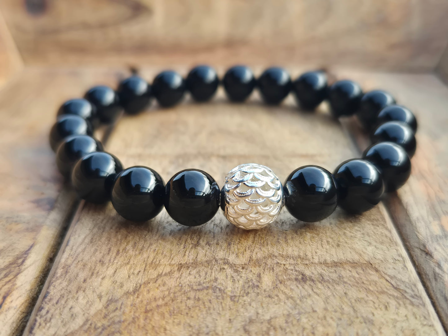 Nahle® 10mm Naturstein-Armband glänzender Onyx Naturstein mit 925 Silberperle