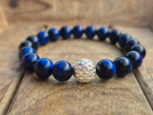 Nahle® 10mm Naturstein-Armband blauer Tigerauge Naturstein mit 925 Silberperle