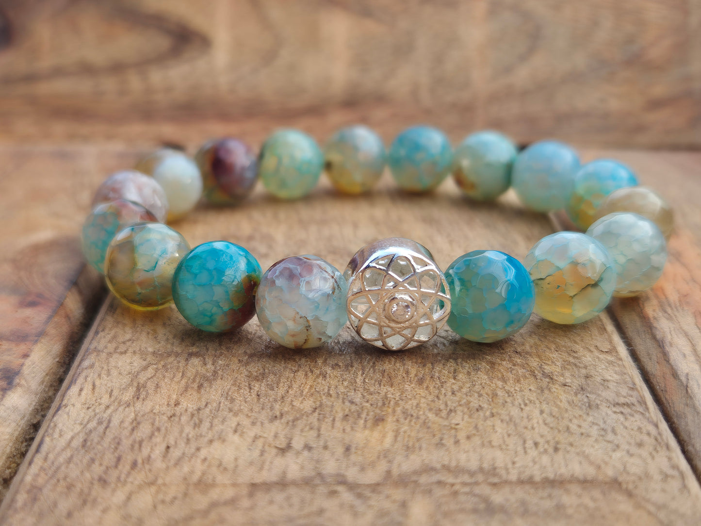 Nahle® 10mm Naturstein-Armband Achat Naturstein mit 925 Silberblume