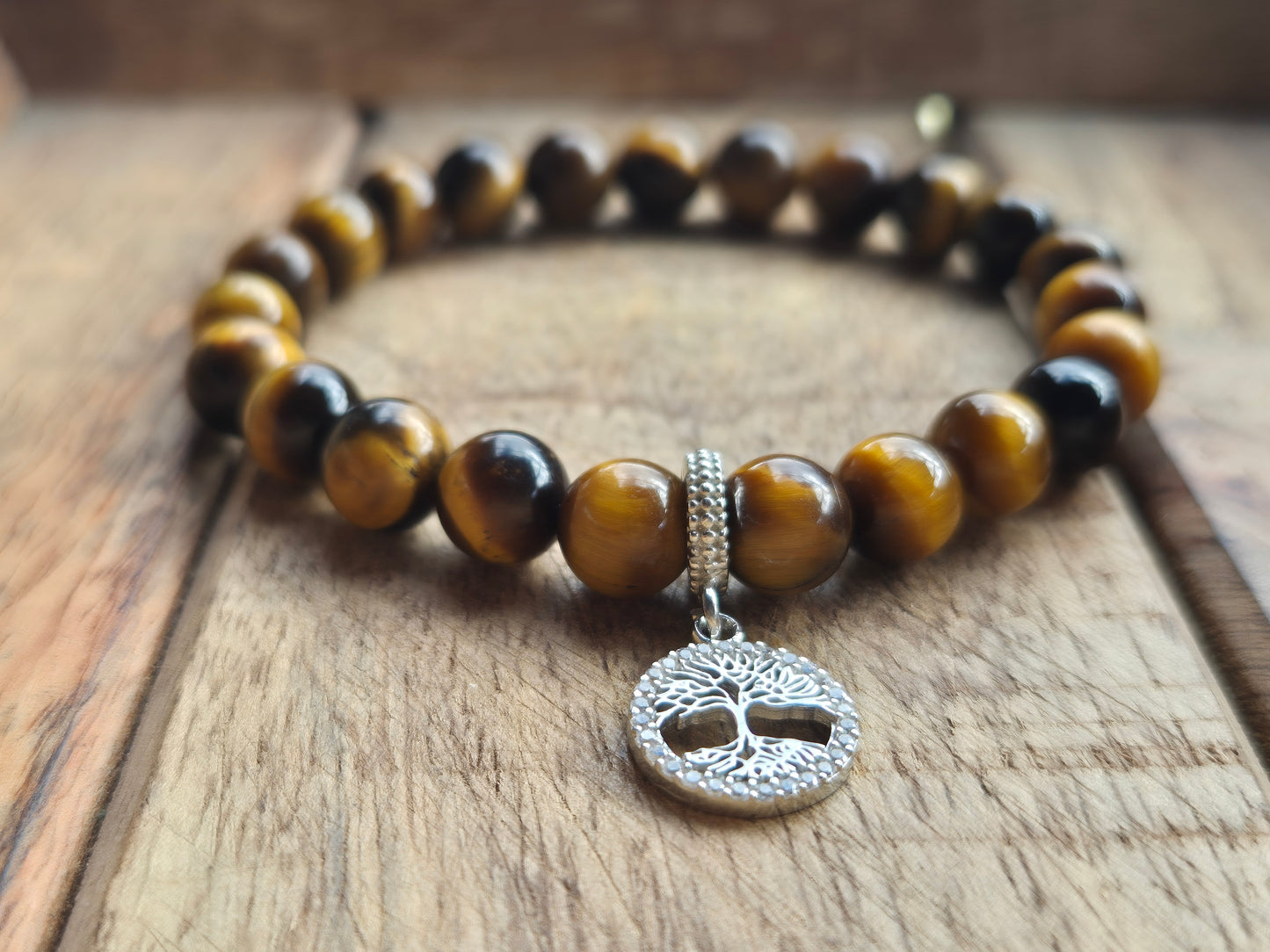 Nahle® 8mm Naturstein-Armband Tigerauge Naturstein mit 925 Silberbaum