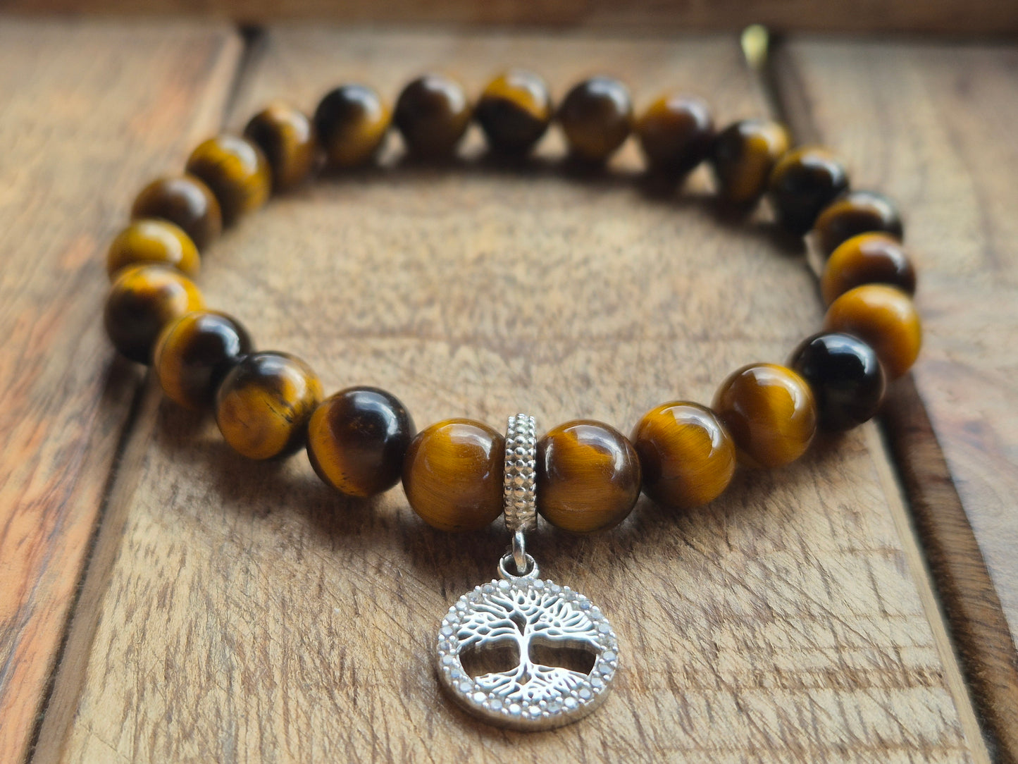 Nahle® 8mm Naturstein-Armband Tigerauge Naturstein mit 925 Silberbaum