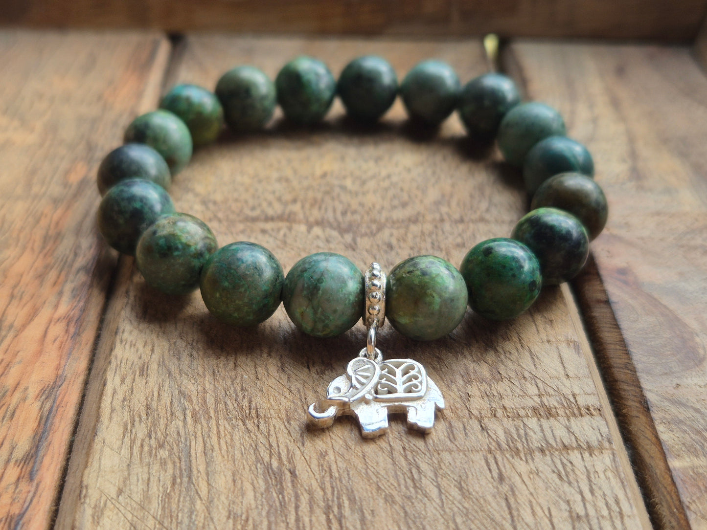 Nahle® 10mm Naturstein-Armband Afrikanischer Türkis Naturstein mit 925 Silberelefant
