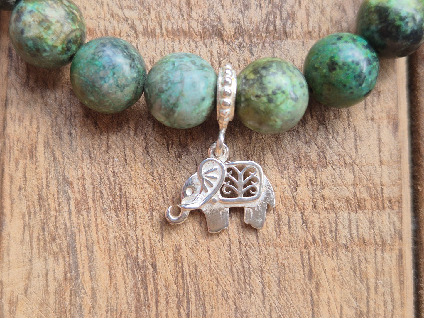 Nahle® 10mm Naturstein-Armband Afrikanischer Türkis Naturstein mit 925 Silberelefant