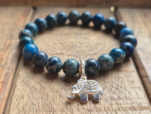 Nahle® 8mm Naturstein-Armband Variscit blau Naturstein mit 925 Silberelefant