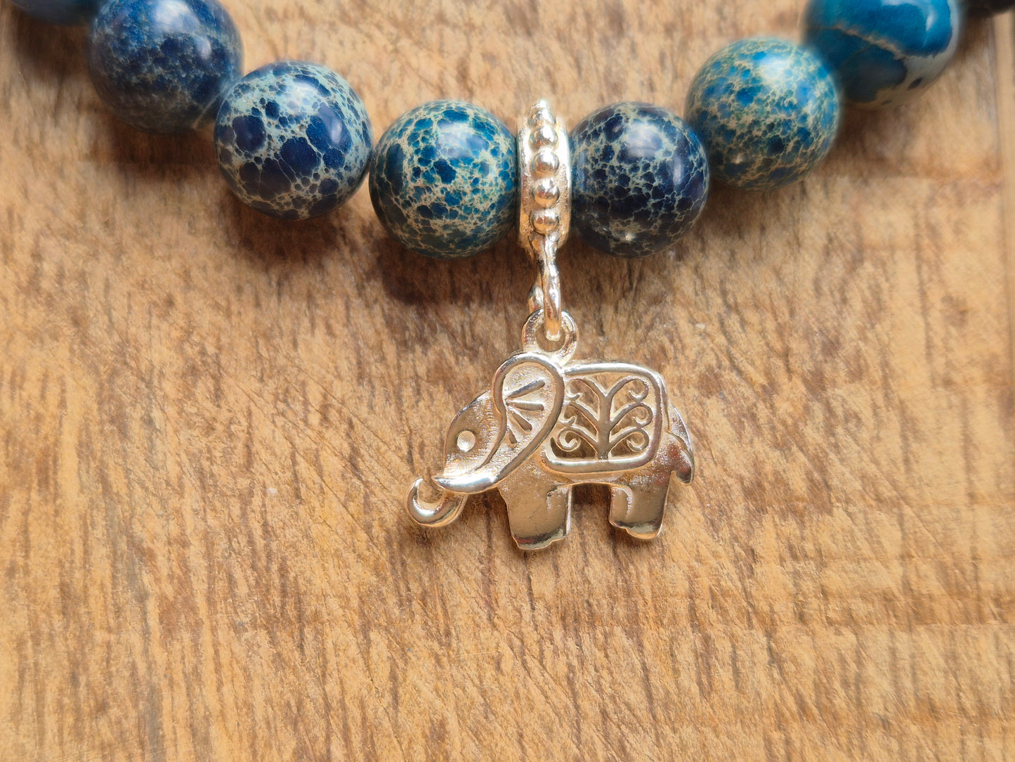 Nahle® 8mm Naturstein-Armband Variscit blau Naturstein mit 925 Silberelefant