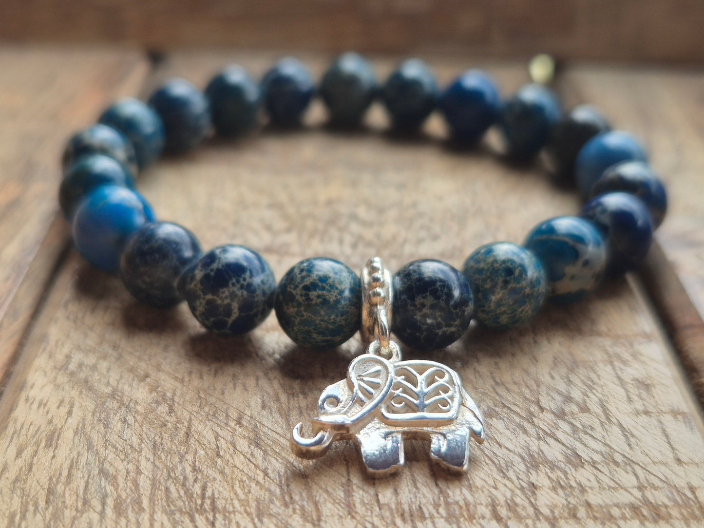 Nahle® 8mm Naturstein-Armband Variscit blau Naturstein mit 925 Silberelefant