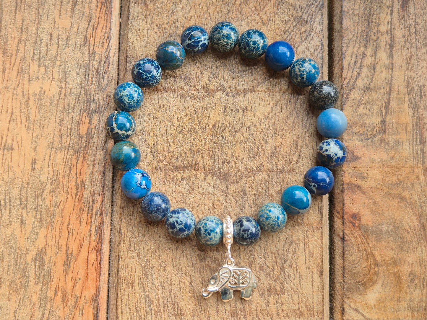 Nahle® 8mm Naturstein-Armband Variscit blau Naturstein mit 925 Silberelefant