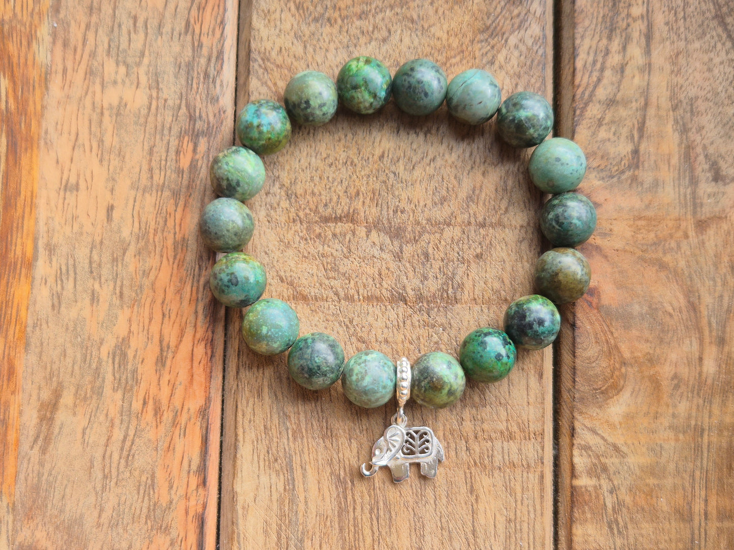 Nahle® 10mm Naturstein-Armband Afrikanischer Türkis Naturstein mit 925 Silberelefant