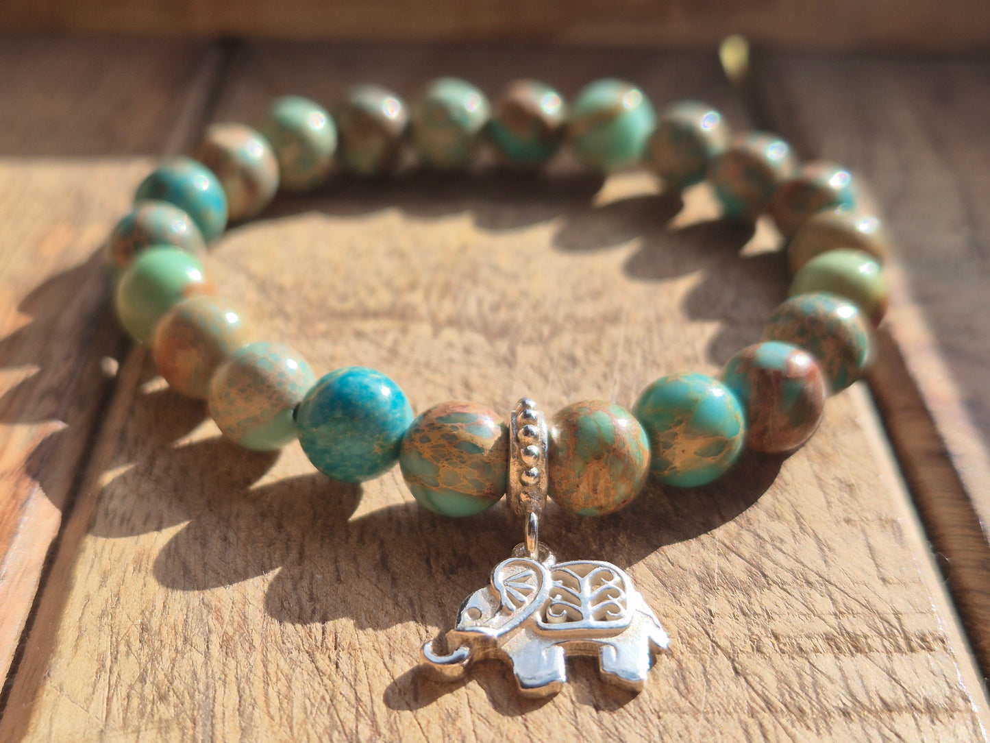 Nahle® 8mm Naturstein-Armband Variscit beige Naturstein mit 925 Silberelefant