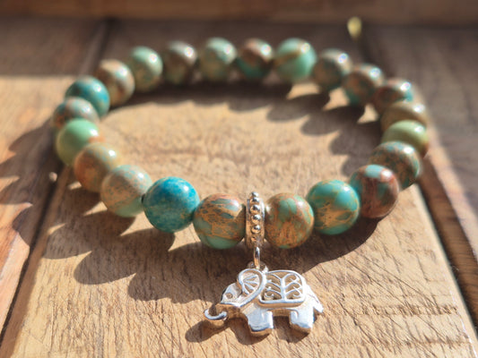 Nahle® 8mm Naturstein-Armband Variscit beige Naturstein mit 925 Silberelefant