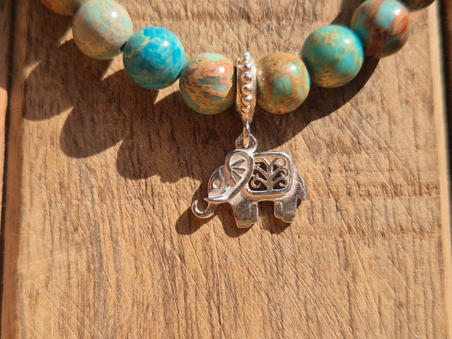 Nahle® 8mm Naturstein-Armband Variscit beige Naturstein mit 925 Silberelefant