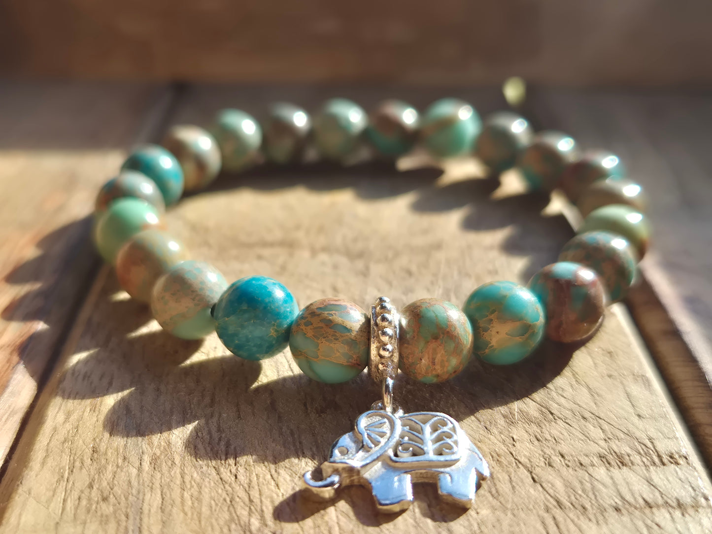 Nahle® 8mm Naturstein-Armband Variscit beige Naturstein mit 925 Silberelefant