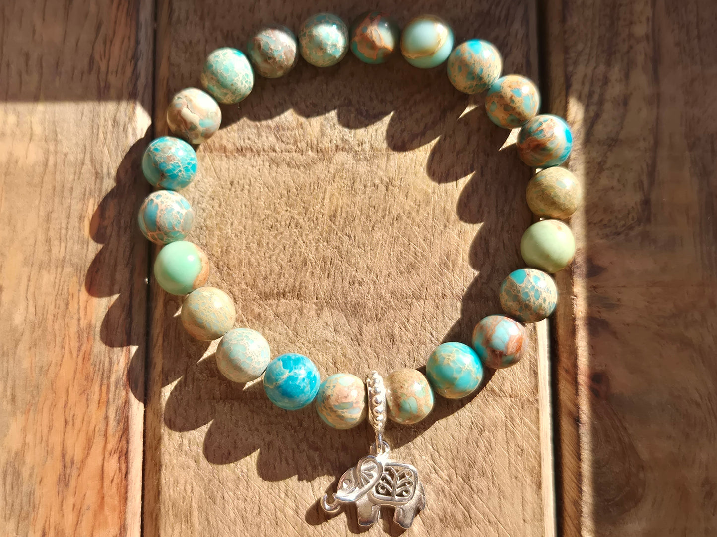 Nahle® 8mm Naturstein-Armband Variscit beige Naturstein mit 925 Silberelefant