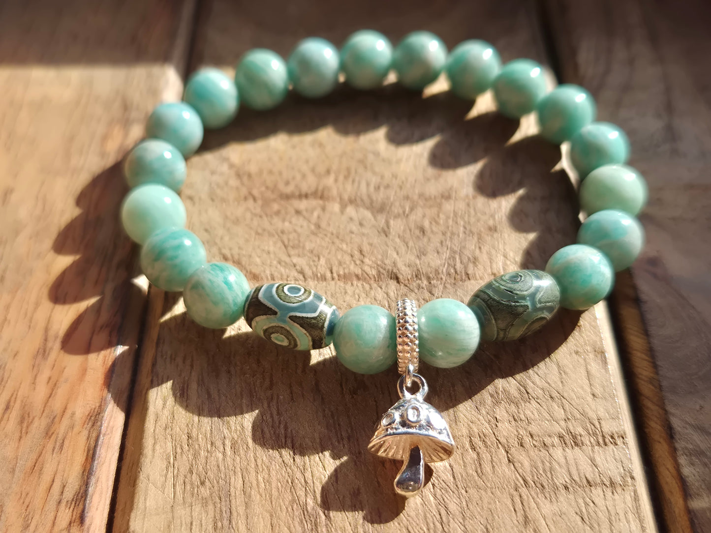 Nahle® 8mm Naturstein-Armband Amazonit Naturstein mit 925 Silberpilz