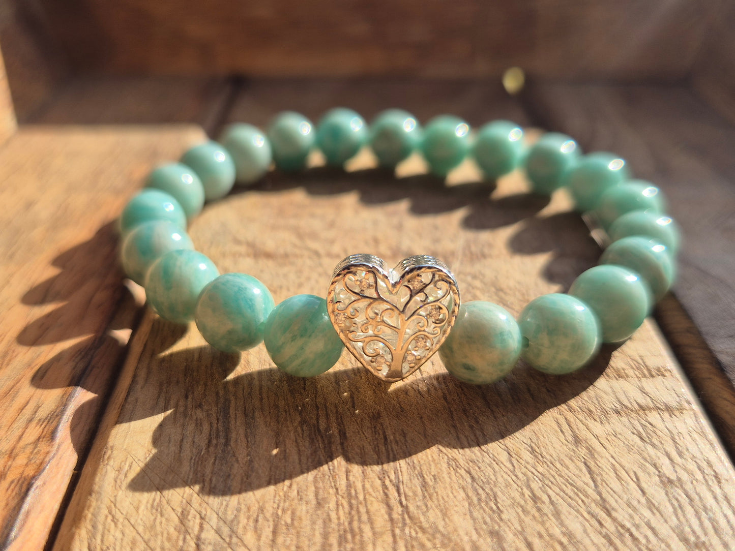 Nahle® 8mm Naturstein-Armband Amazonit Naturstein mit 925 Silberherz