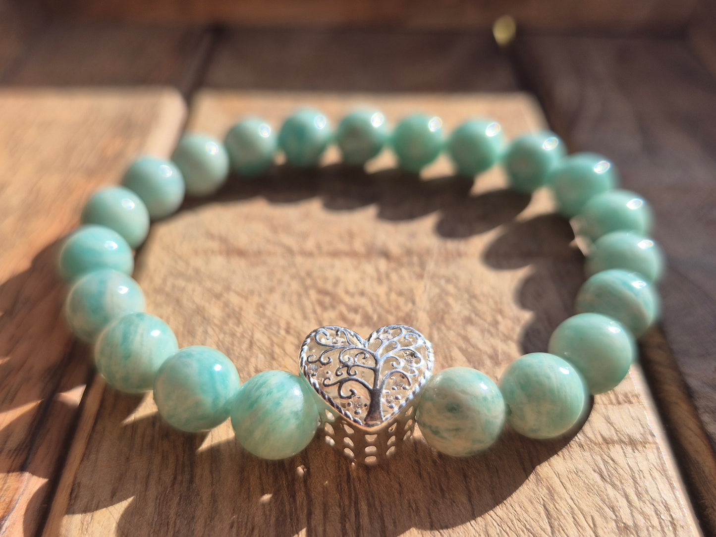 Nahle® 8mm Naturstein-Armband Amazonit Naturstein mit 925 Silberherz