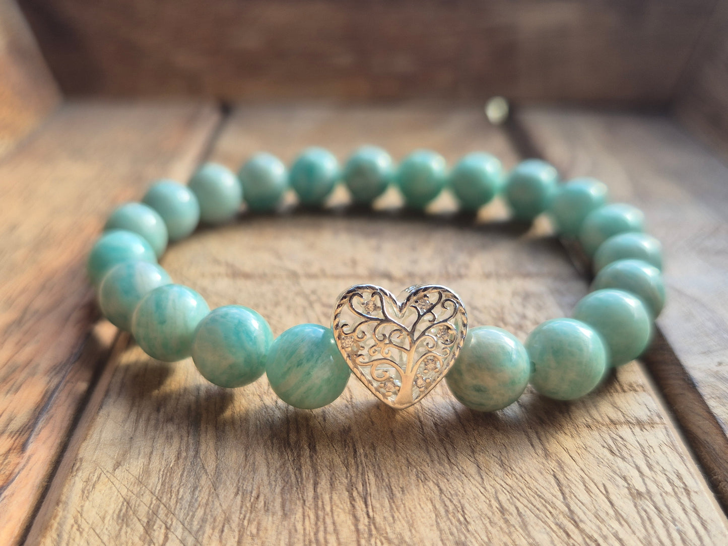Nahle® 8mm Naturstein-Armband Amazonit Naturstein mit 925 Silberherz
