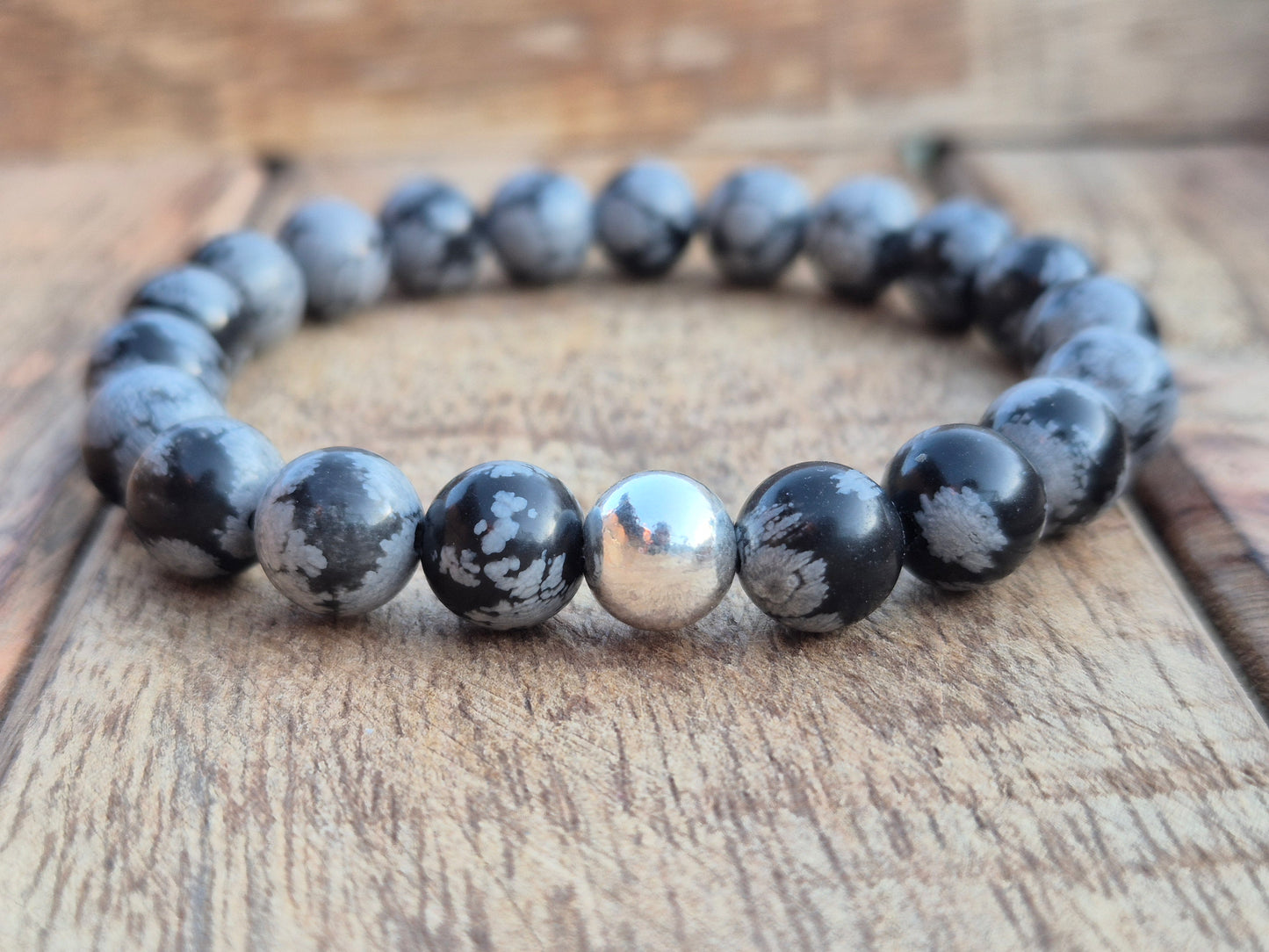 Nahle® 8mm Schneeflocken-Obsidian Naturstein-Armband 925 Silberperle