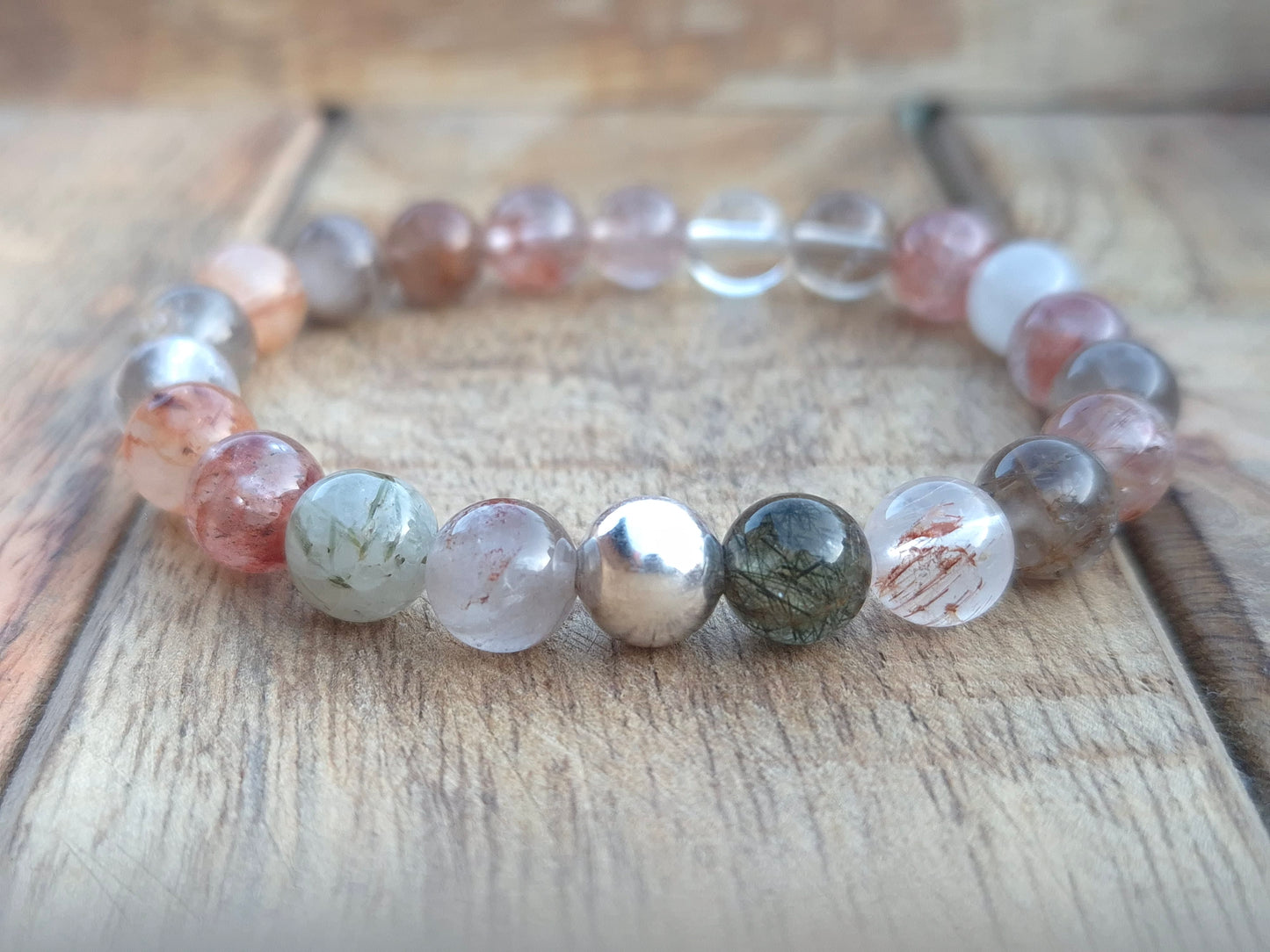 Nahle® 8mm Natürlicher rot-grüner Rutilquarz Naturstein-Armband 925 Silberperle
