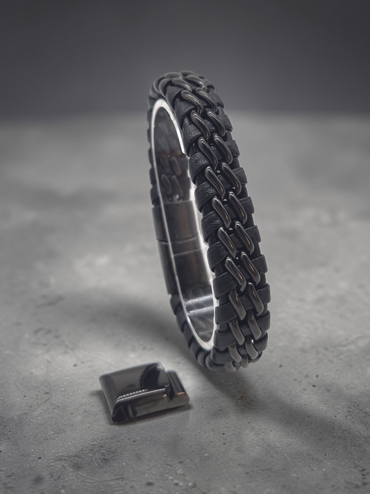 Lederarmband mit Verlängerungsglied Shadow in Schwarz-Silber-Gold-Gold/Schwarz