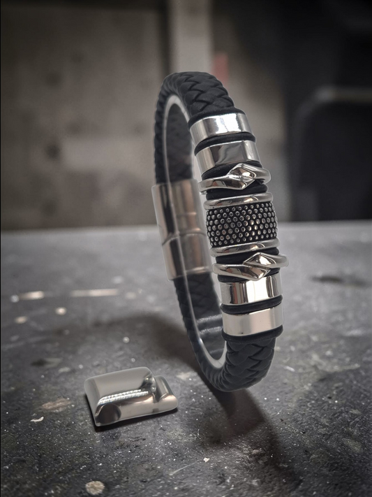 Lederarmband mit Verlängerungsglied Avenox in Silber und Schwarz