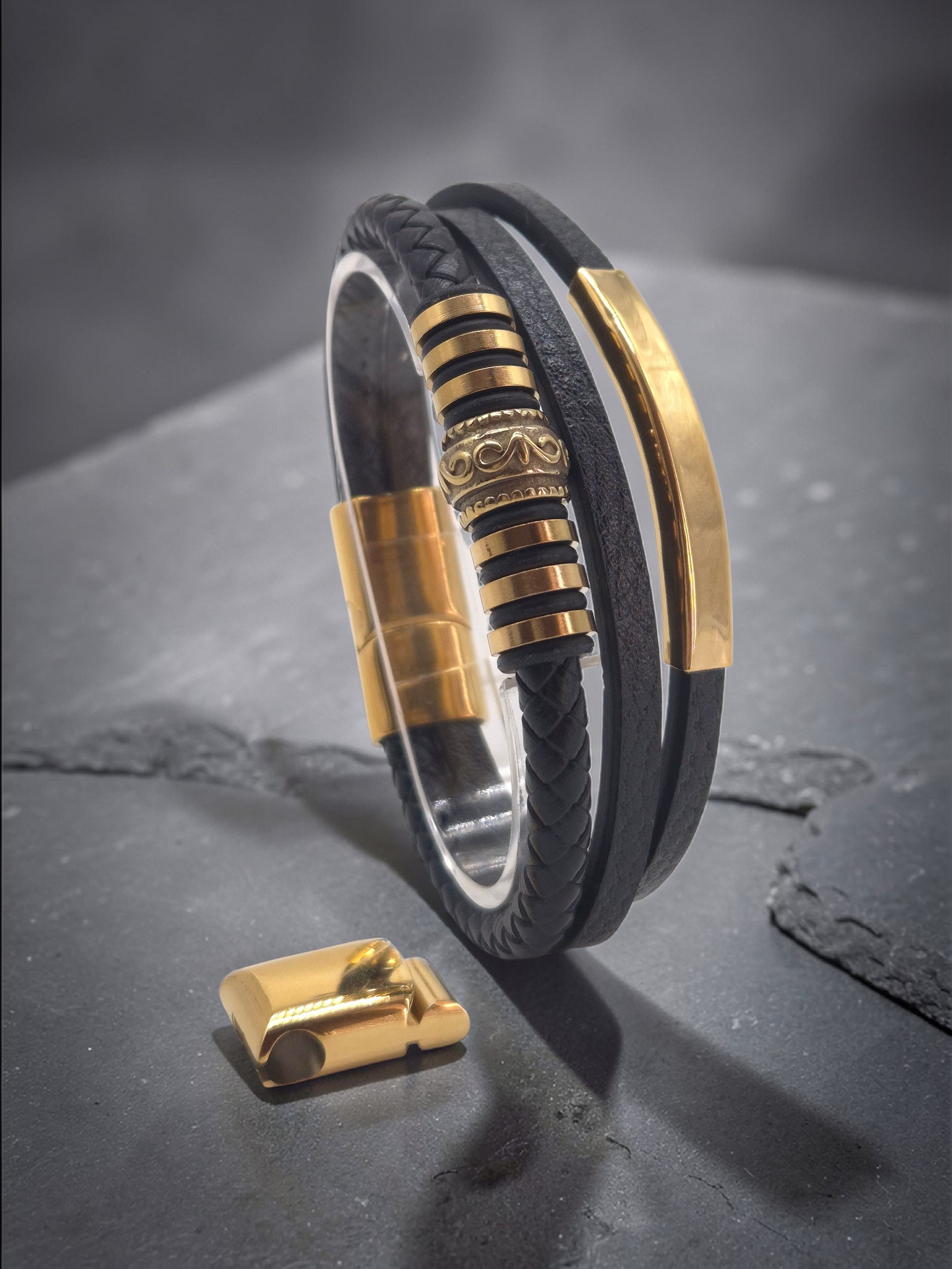 Lederarmband mit Verlängerungsglied Panthera in Silber-Schwarz-Gold
