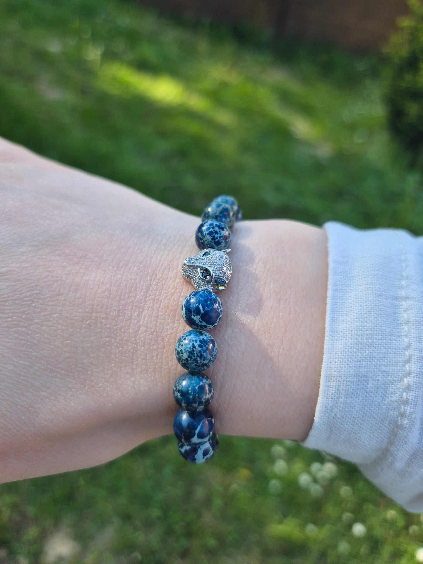 Nahle® 8mm Naturstein-Armband Variscit blau Panther