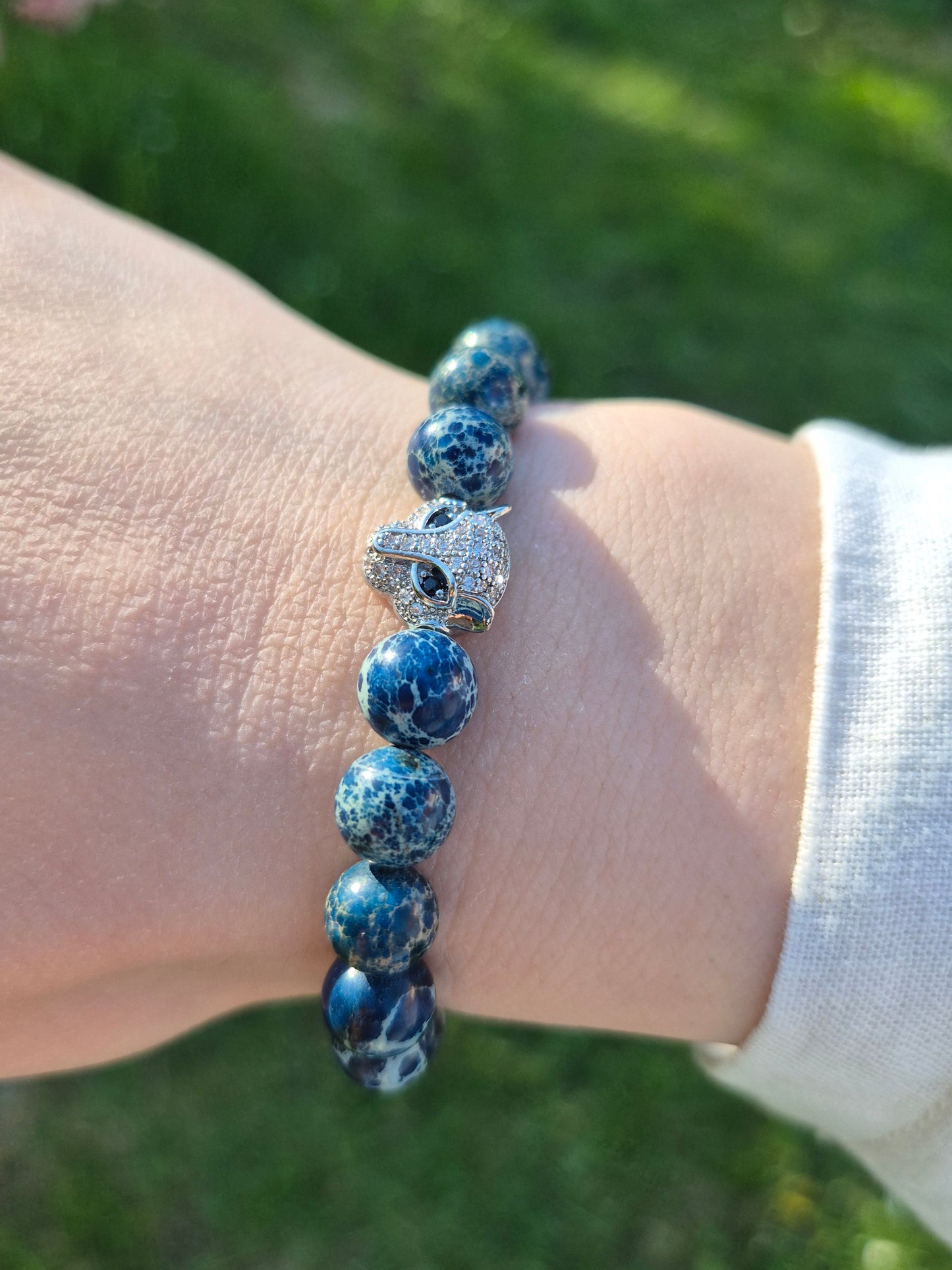 Nahle® 8mm Naturstein-Armband Variscit blau Panther