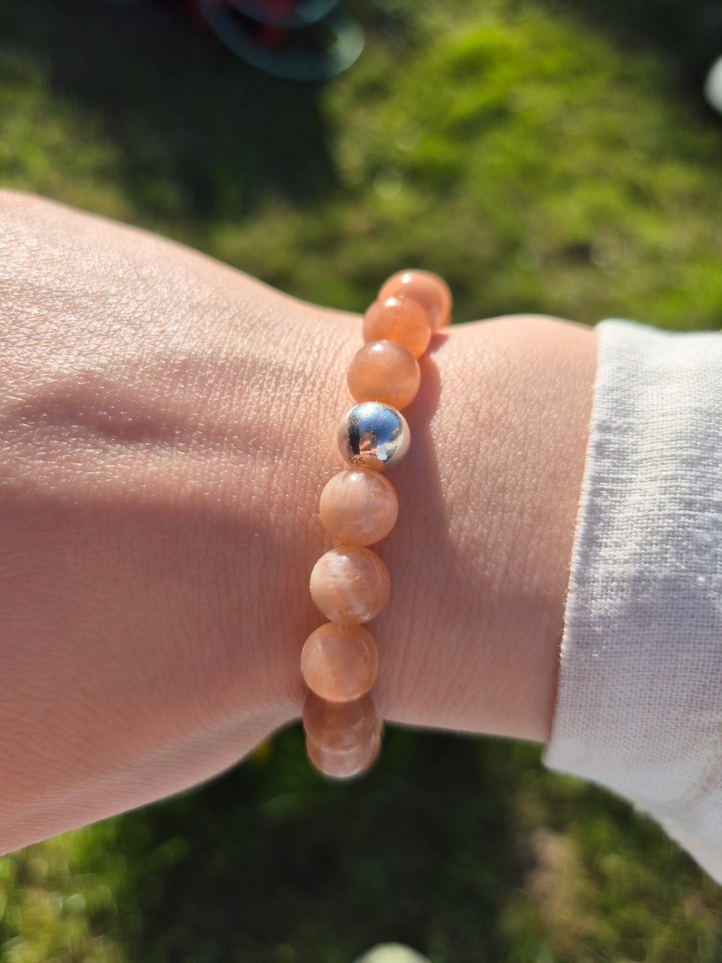 Nahle® 8mm Oranger Mondstein Naturstein-Armband 925 Silberperle