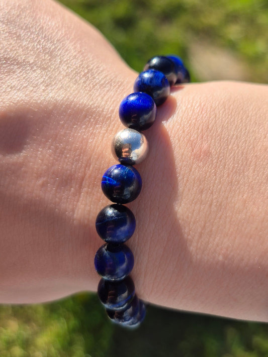 Nahle® 8mm Naturstein-Armband Blauer Tigerauge Naturstein mit 925 Silberperle