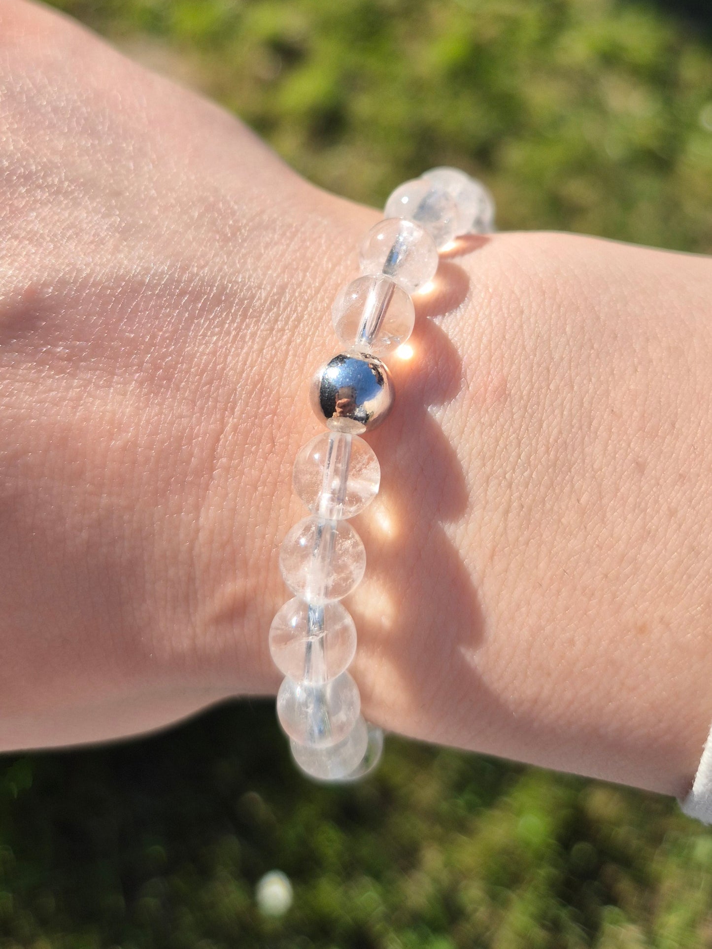 Nahle® 8mm Naturstein-Armband Bergkristall Naturstein mit 925 Silberperle