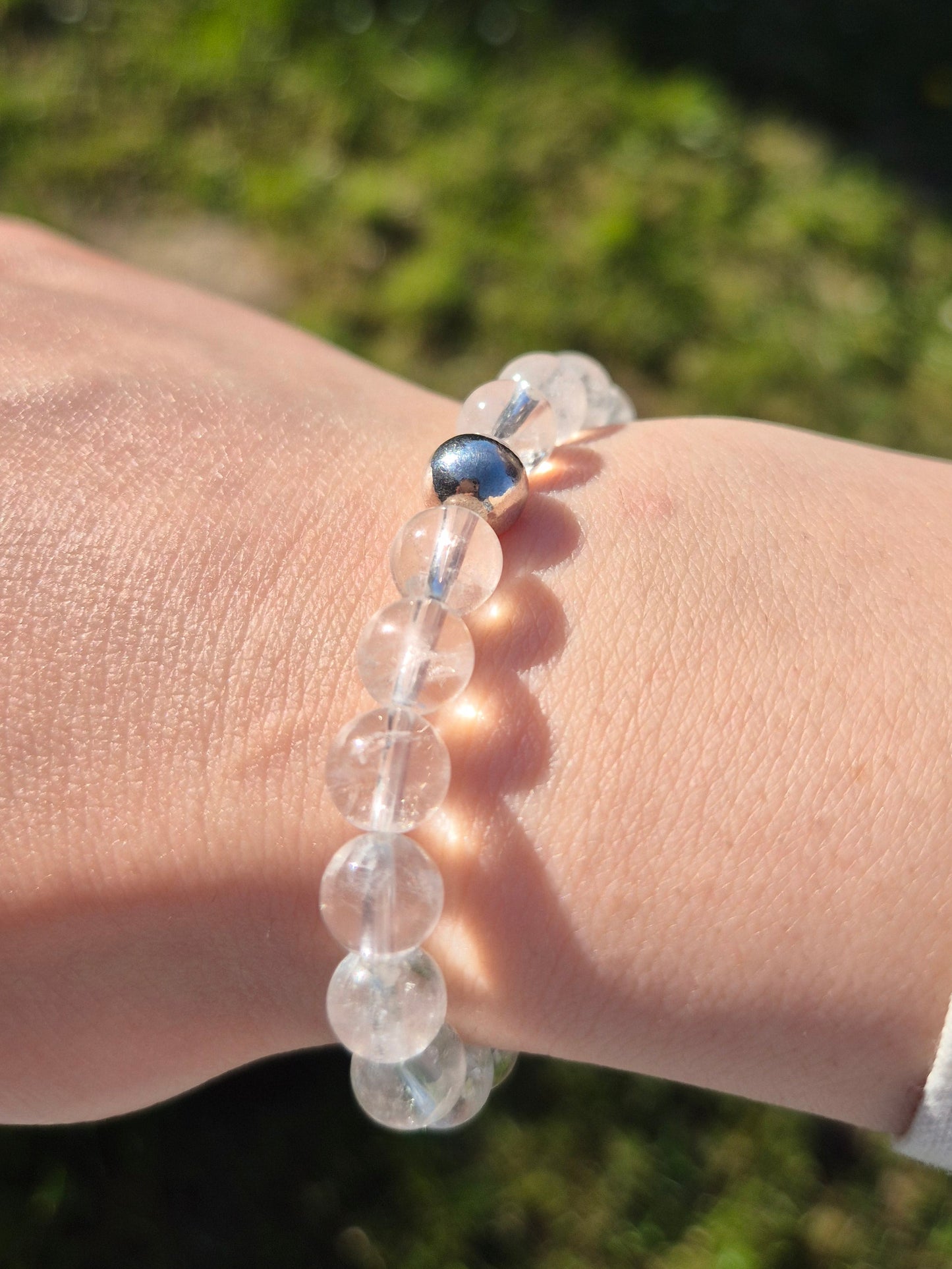 Nahle® 8mm Naturstein-Armband Bergkristall Naturstein mit 925 Silberperle